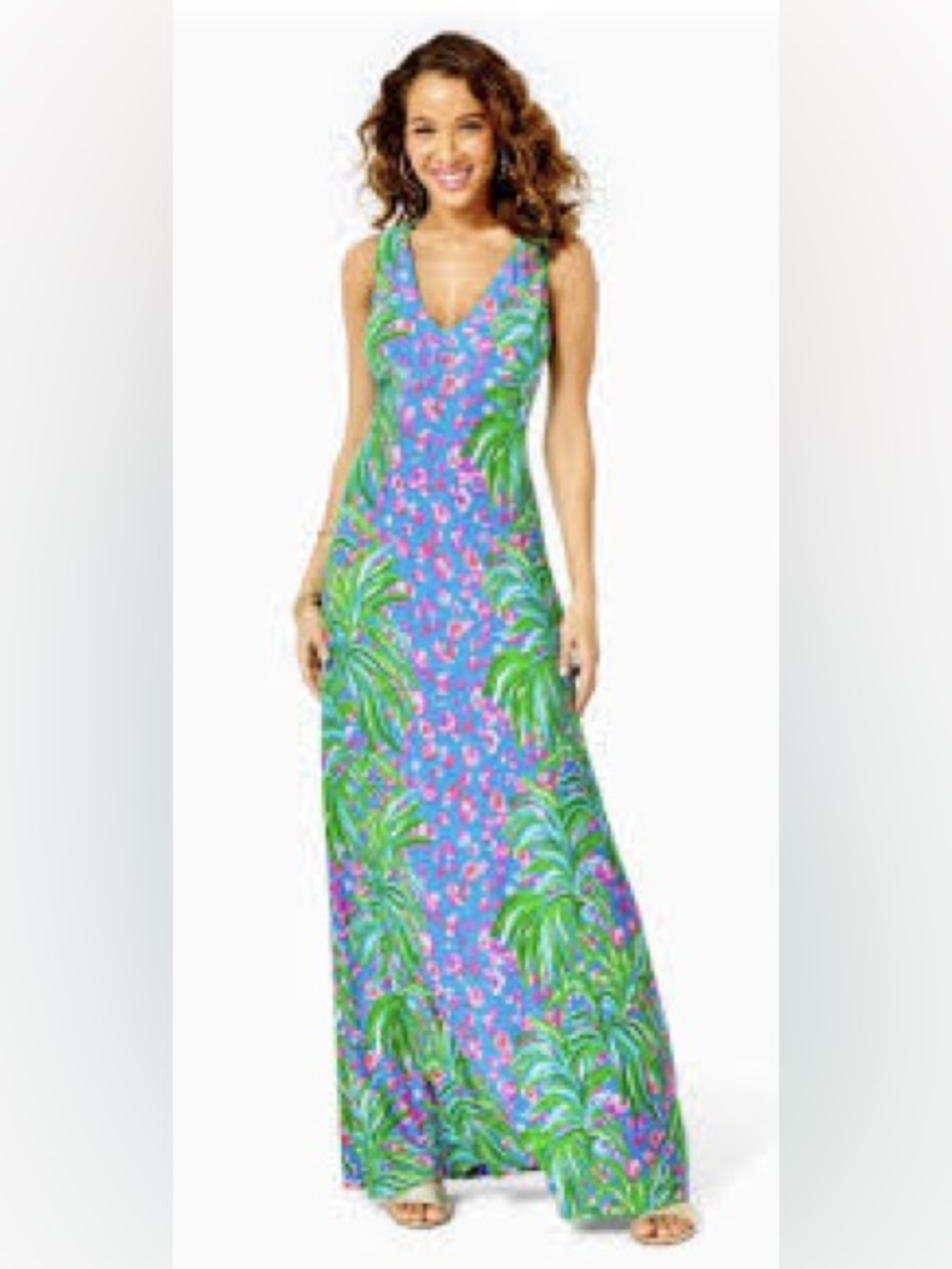 LILLY PULITZER Kerri Maxi Tropical V-Neck Racer Back Dress - Blue & Green Sz: S